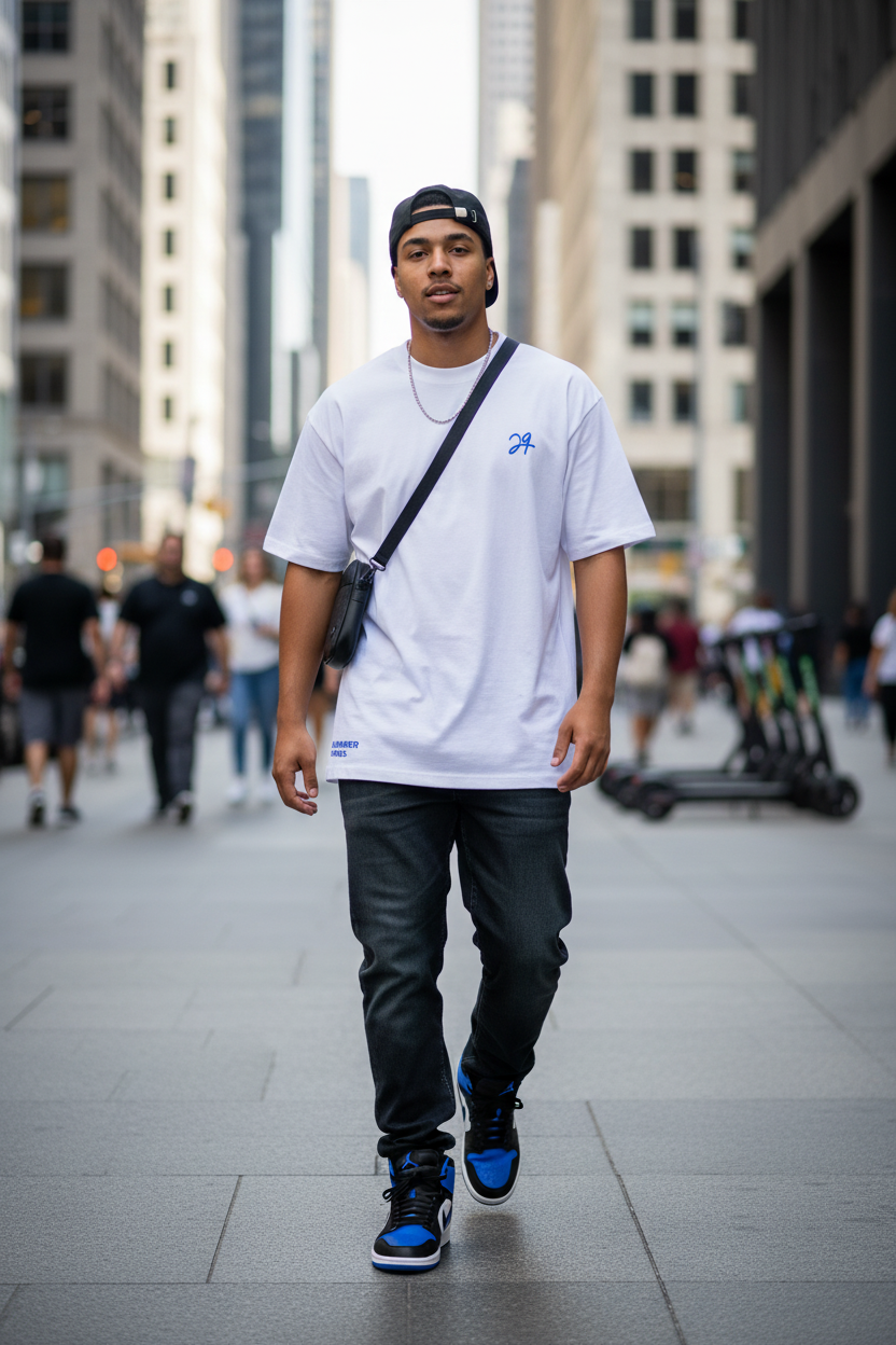 City Walk - White Summer Vibes Tee & Jordan 1 Royal Blue